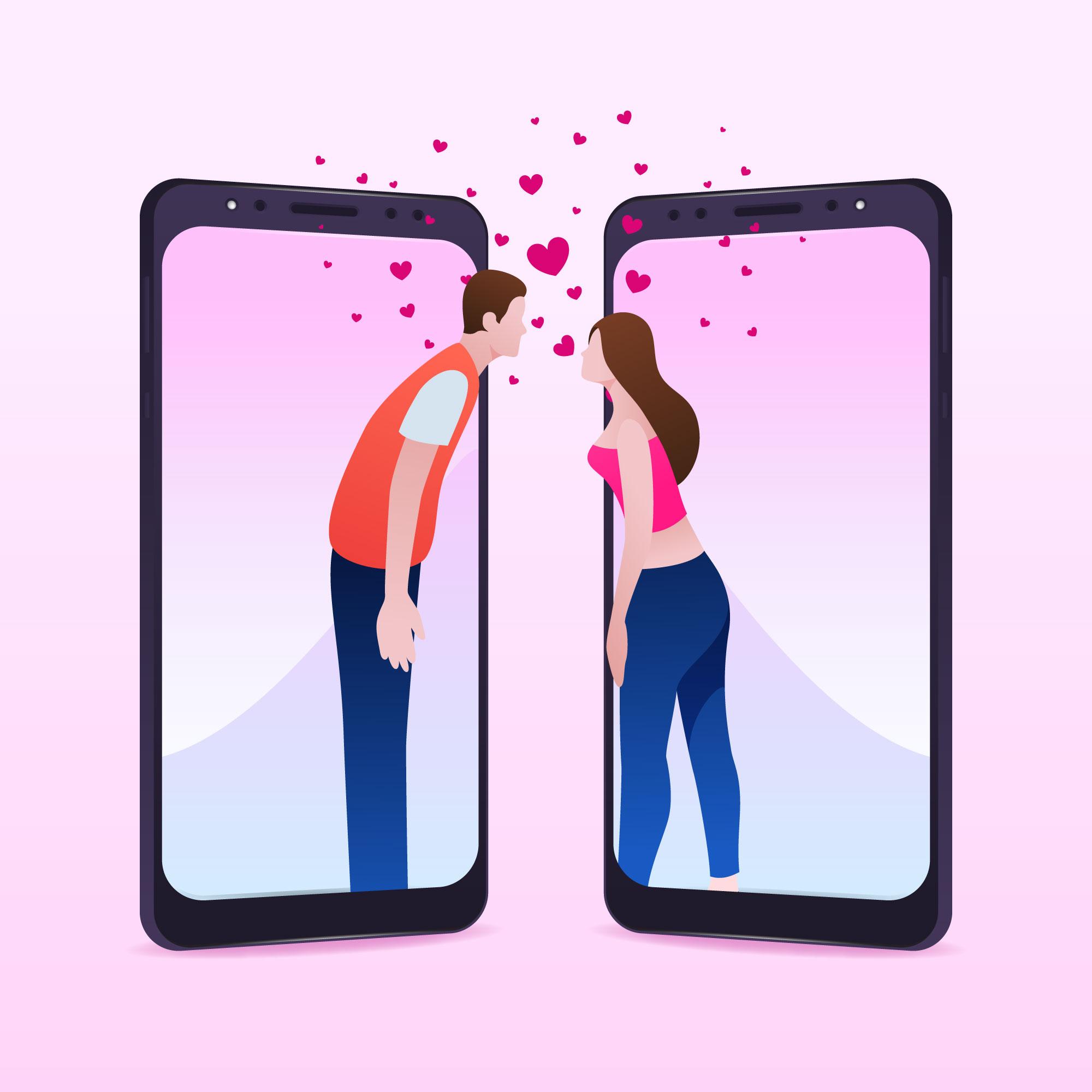 Illustration d'un couple qui s'embrasse à travers des téléphones