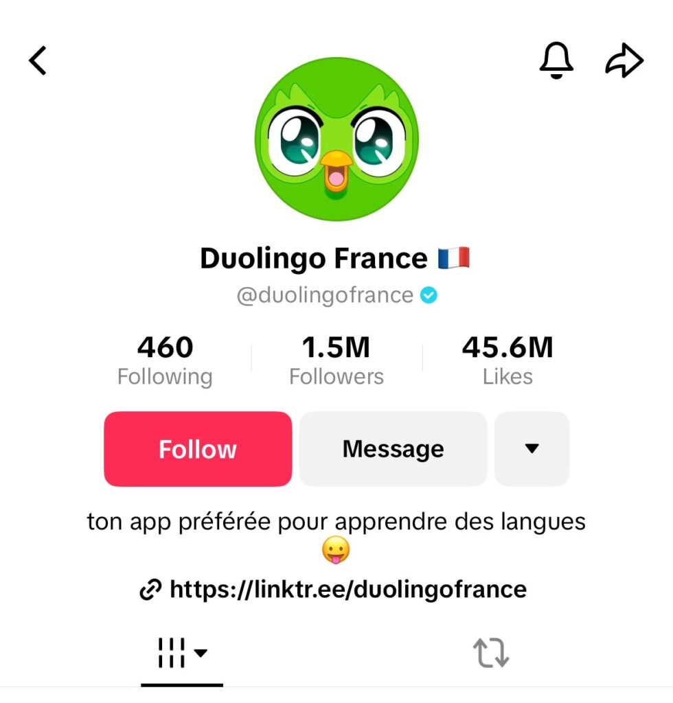 Capture d'écran du compte TikTok de Duolinguo France