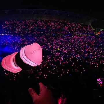 Photo d'un lighstick en forme de marteau noir et rose sur un fond de concert illuminé par d'autres lighsticks similaires