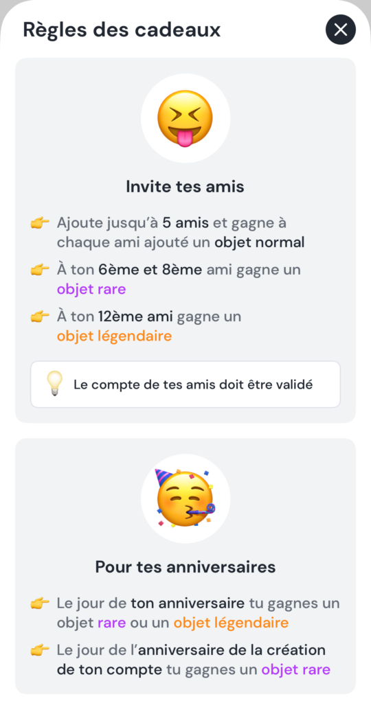 Capture d'écran Xooloo Messenger Pop-up incitant à inviter des amis pour gagner des objets en échange.